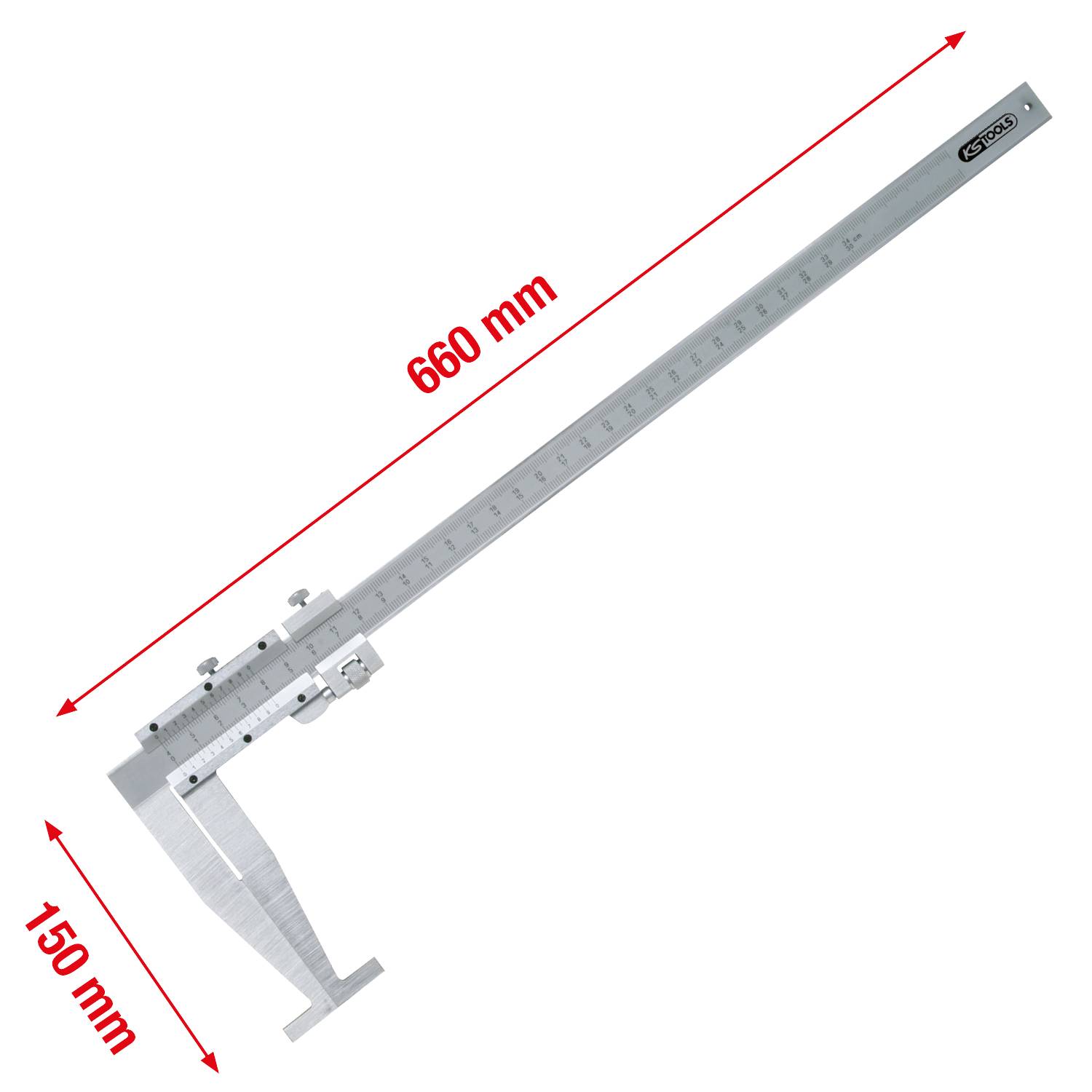 Een zilveren schuifmaat met schaal. De totale lengte bedraagt 660 mm, de schaal strekt zich uit over 150 mm. Geschikt voor nauwkeurige metingen.