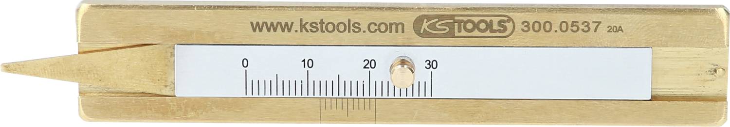 Een goudkleurige laslengte-schuifmaat toont een schaal van 0 tot 30. Het merk 'ks tools' is bovenaan het gereedschap vermeld.