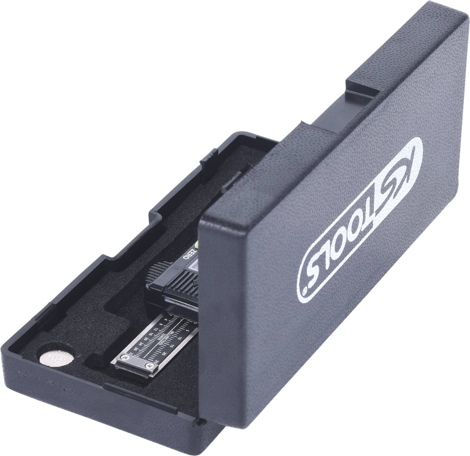 'Schuifmaat in een zwart etui.'