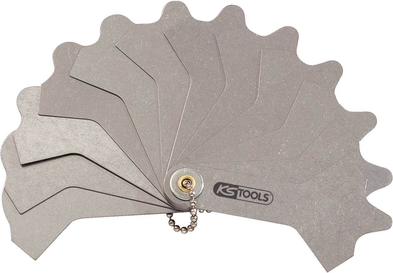 Metalen sjabloon in de vorm van een tandwiel met meerdere bladen van KS Tools. Wordt gebruikt voor het meten en afstellen van werkstukken.