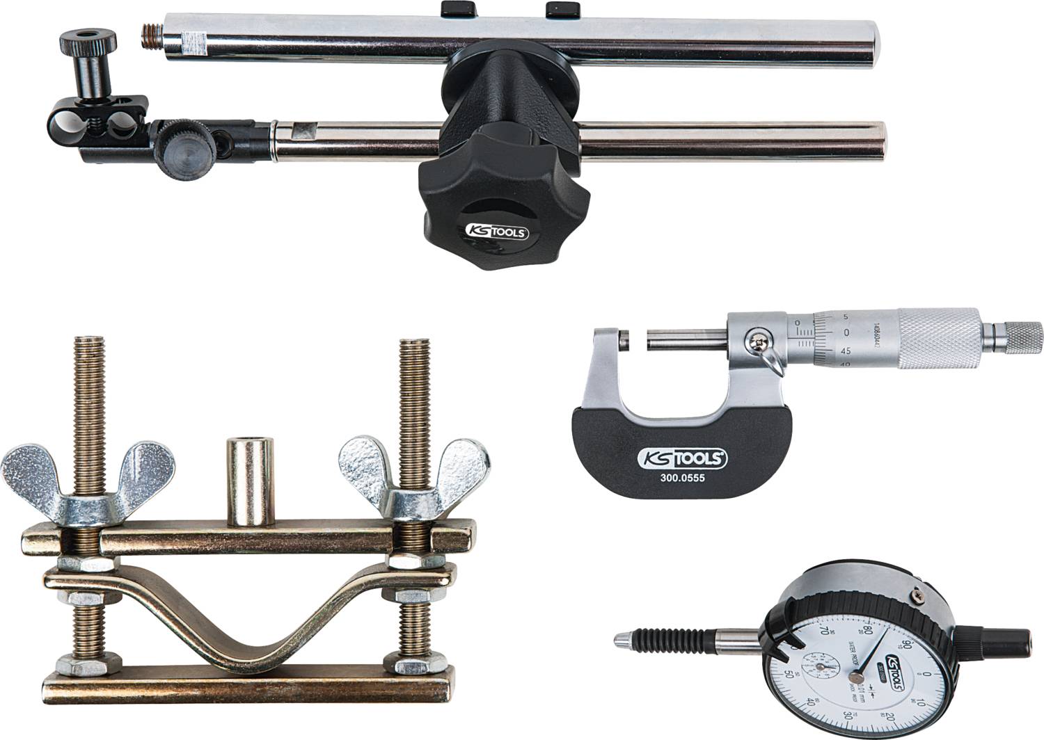 Vier precisiegereedschappen, waaronder een meetklok, een micrometer, een centreertoestel en een S-koppeling voor nauwkeurige metingen en uitlijning.