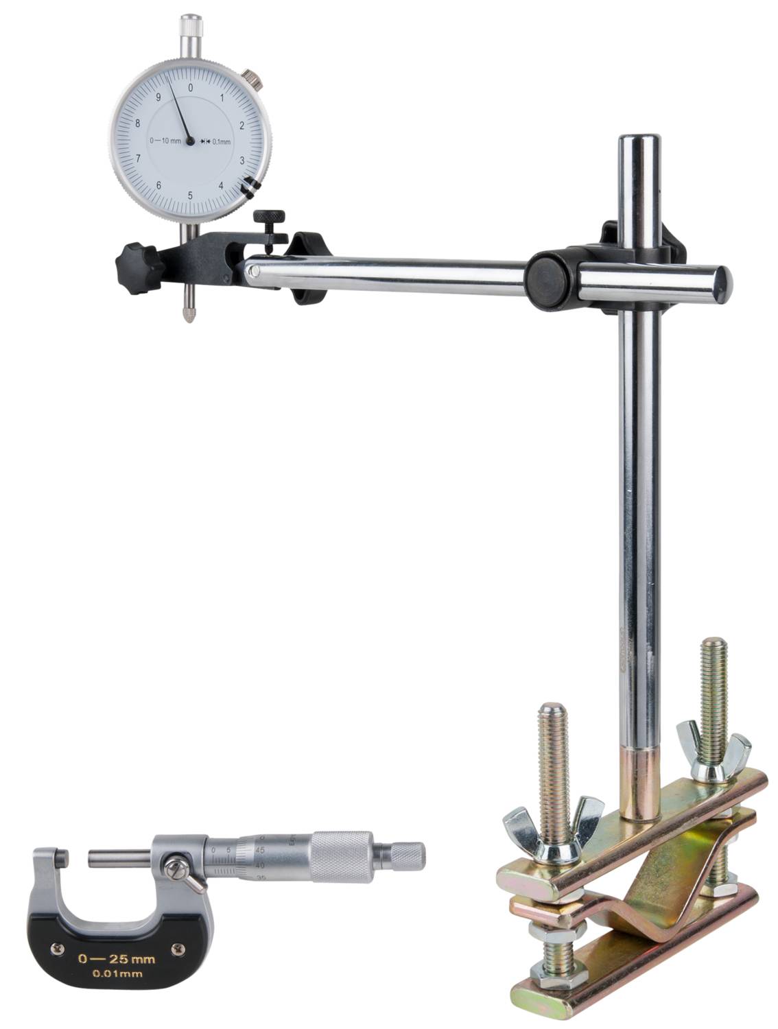 Meetklok op statief en micrometer, beide voor nauwkeurige lengtemeting in de machine- of werkplaatsomgeving.