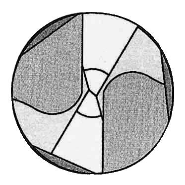 Een cirkel, verdeeld in vijf ongelijke segmenten, vergelijkbaar met een abstract diagram. Lijnen scheiden de grijze en witte gebieden.