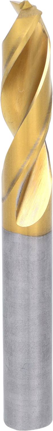 Een metalen freesgereedschap met een gouden coating en een spiraalvormige snijkant, verticaal uitgelijnd.