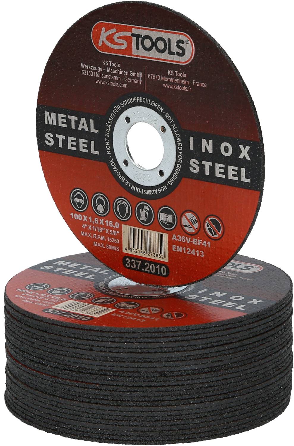 Stapel slijpschijven voor metaal, merk KS Tools. Elke schijf is 100x1,6x16 mm groot, geschikt voor staal en roestvrij staal, conform EN12413.