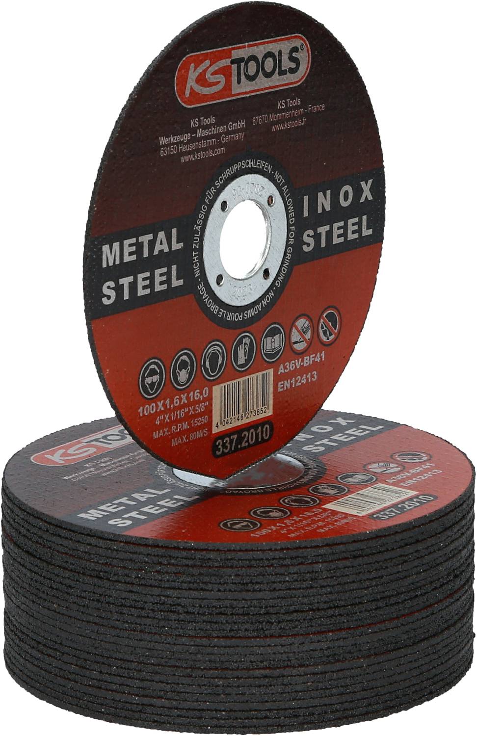 Stapel slijpschijven van het merk KS Tools, gemerkt met 'Metal Steel Inox'. Geschikt voor metaalbewerking.