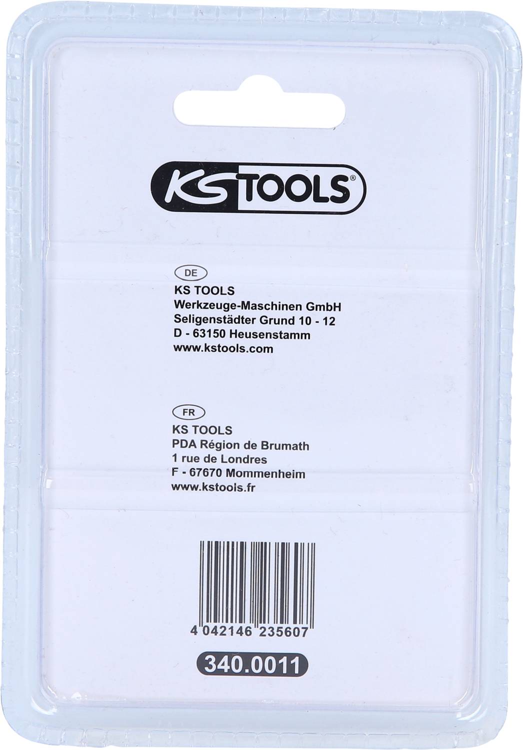Achterkant van een productverpakking van KS Tools met adressen in Duitsland en Frankrijk, alsmede een streepjescode en het nummer '340.0011'.