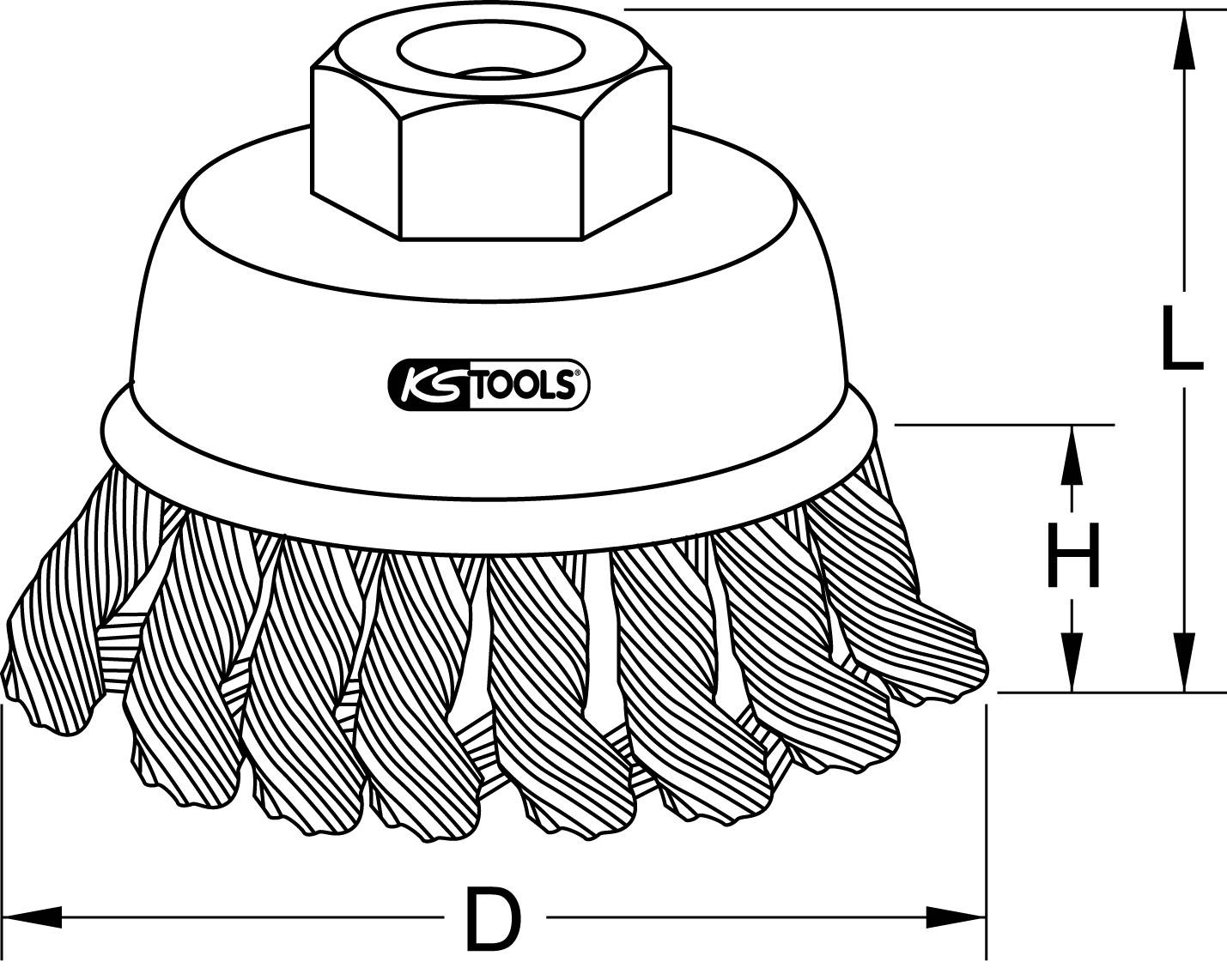 Technische tekening van een ronde borstel met diameter D, hoogte H en totale hoogte L. Gemerkt met 'KS TOOLS'.