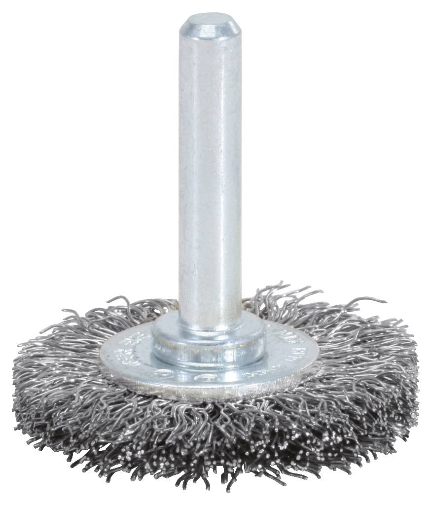 Ronde metalen borstel met stalen borstelharen, bevestigd aan een cilindrische pen voor gebruik met een boormachine.