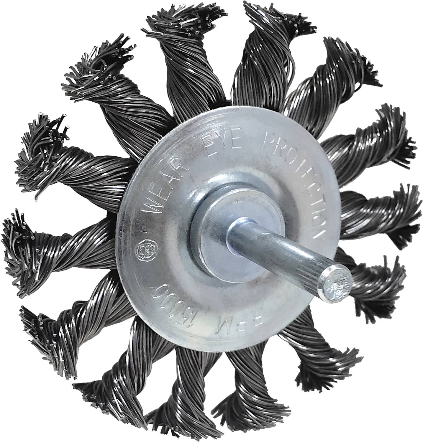 Een ronde staalborstel met gedraaide stalen borstels en een centrale metalen steel, gebruikt voor het reinigen van oppervlakken.