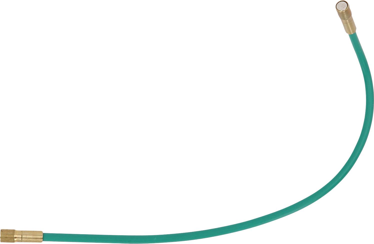 Turquoise slang met messing-aansluitingen, gebogen over een witte achtergrond.