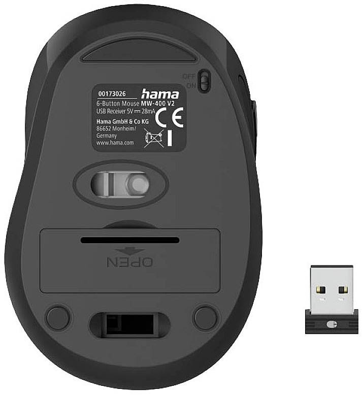 Zwarte draadloze computermuis met verwijderbare USB-ontvanger en batterijvak. Onderzijde voorzien van productinformatie en logo.
