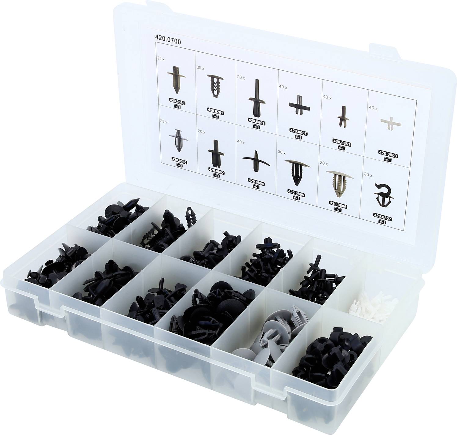 Openbare plastic organizer doos met verdeelde compartimenten van assorteerde zwart en wit clips, deksel met gelabelde clip vormen en maten.