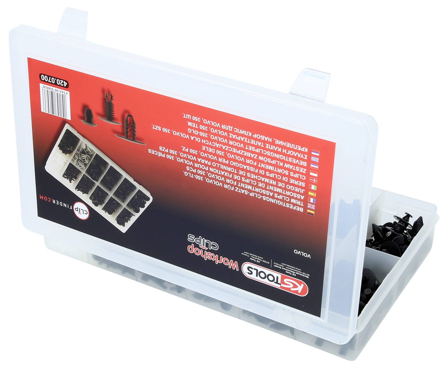 Een doorschijnend plastic organizer koffertje met een rood Kratos werkplaatslabel, gedeeltelijk open getoond met diverse zwarte onderdelen of componenten erin.