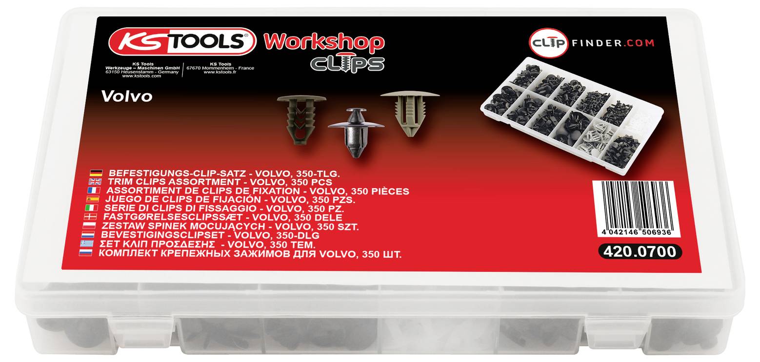 Een kunststof onderdelendoos met het label 'KS TOOLS Workshop Clips' voor Volvo, met verschillende trimclips, bevestigingsmiddelen en een streepjescode.