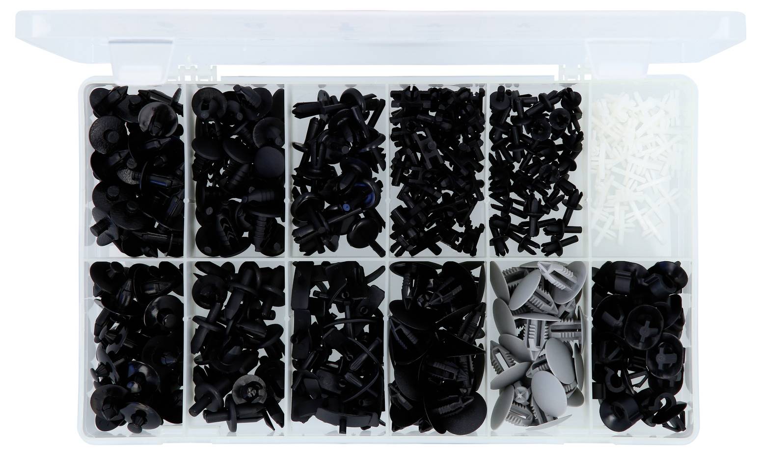 Plastic organizer doos met compartimenten met verschillende zwarte, witte en grijze bevestigingsmiddelen, waarschijnlijk schroeven en clips.