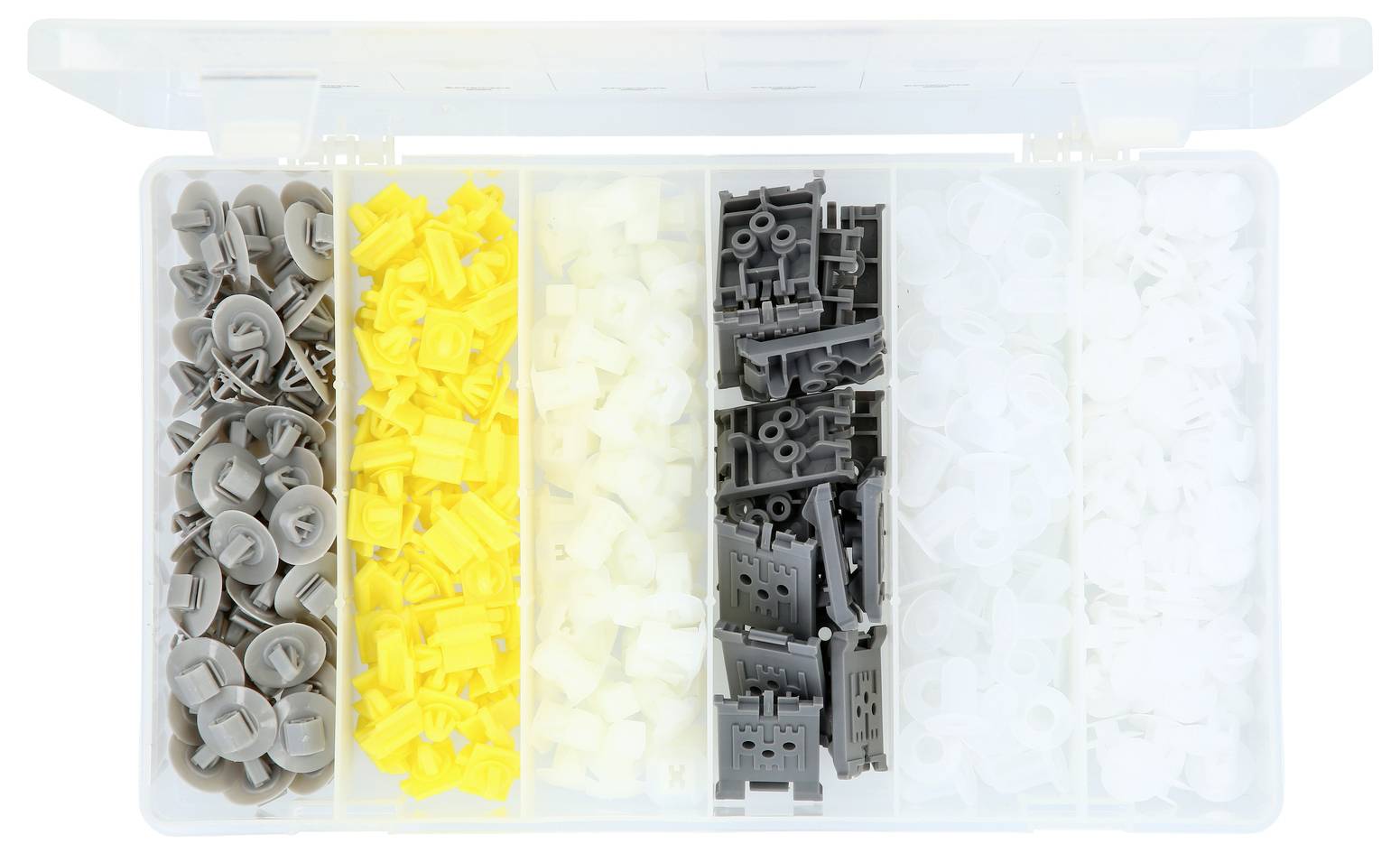 Open organizer box met zes compartimenten met assorteerde kleine kunststofonderdelen in grijs, geel, wit en zwart.