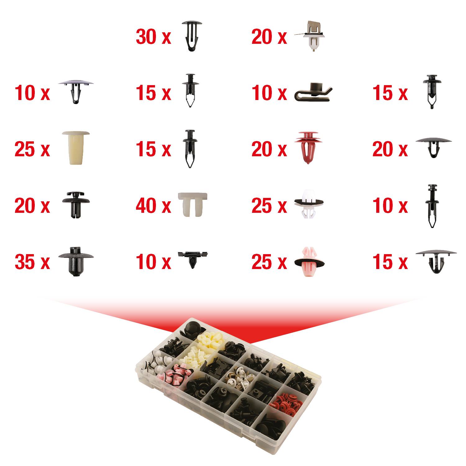 Assortiment van auto-bevestigingselementen in een doos. Bevat verschillende types en hoeveelheden, bijv. 30, 25, 20, 15, 10 stuks per categorie.