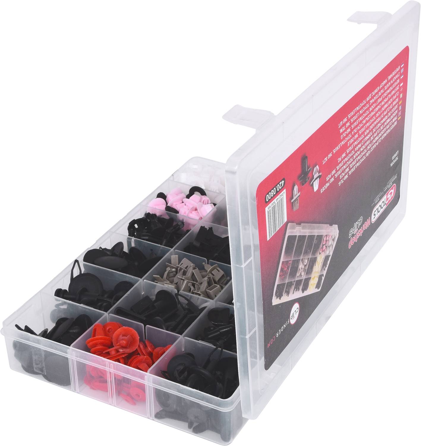 Kunststof opbergdoos met meerdere compartimenten, gevuld met verschillende kunststof clips in zwart, rood en roze, voor auto-restauratie.