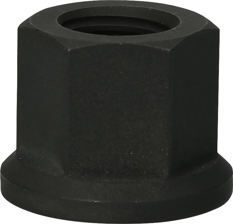 Zwarte, zeskante metalen moer, cilindrisch, met binnendraad en een brede basis.
