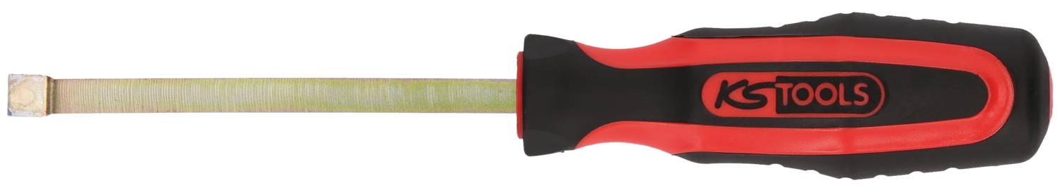 Een meetlint met een zwarte, gerubberde handgreep en een rood logo van het merk 'KS Tools' is volledig uitgetrokken.