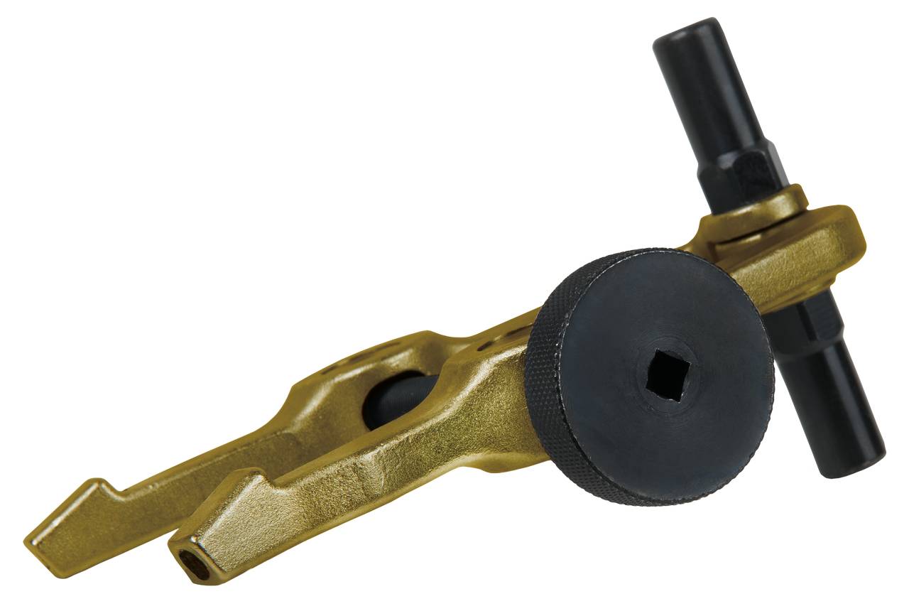 Een goudkleurig gereedschap met twee armen en een zwarte draaiknop, vermoedelijk een fiets-afstellingsgereedschap, op een witte achtergrond.