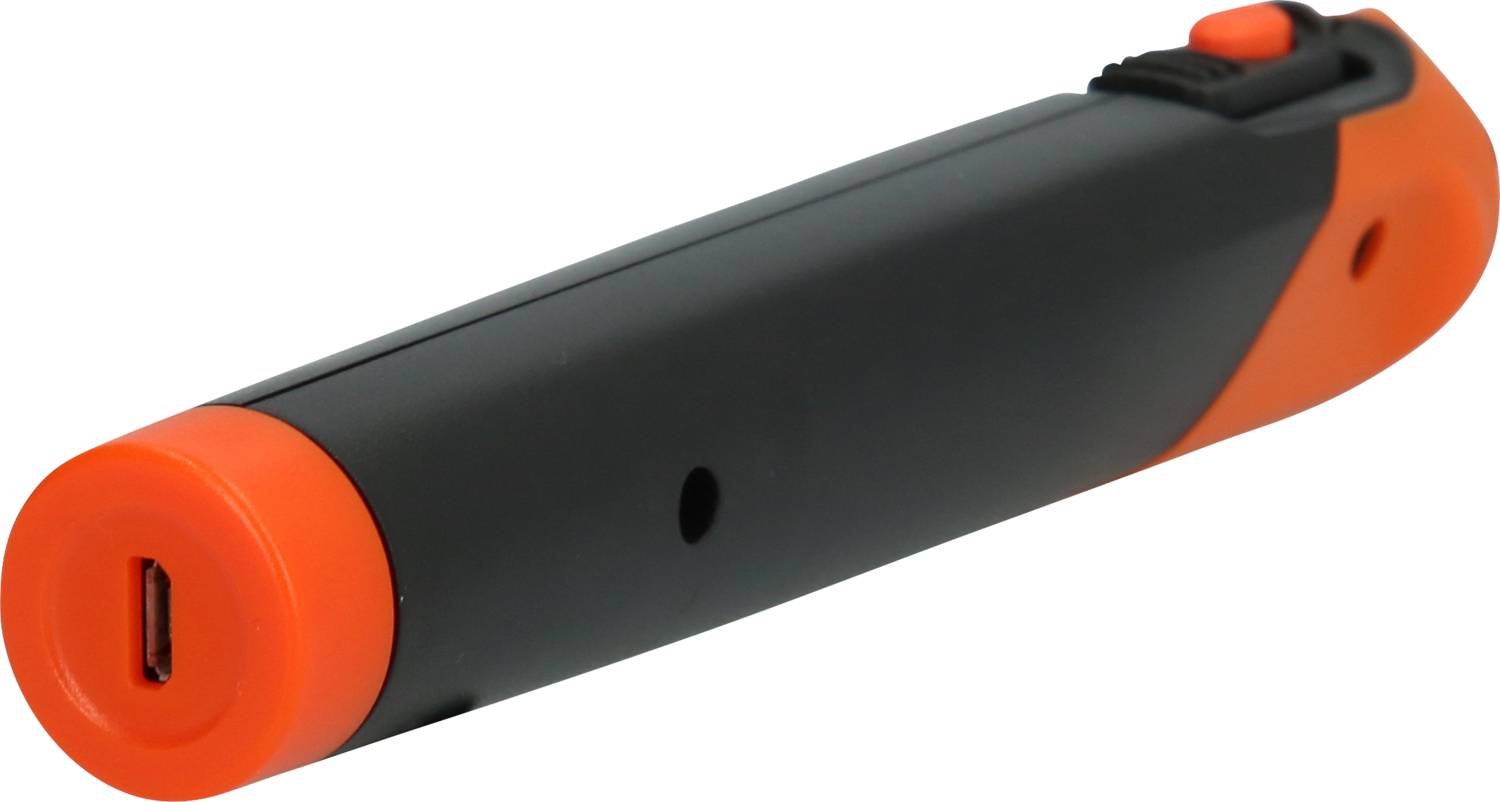 Een grijze en oranje stick, waarschijnlijk een elektronisch apparaat met een USB-poort, ligt op een lichte ondergrond.
