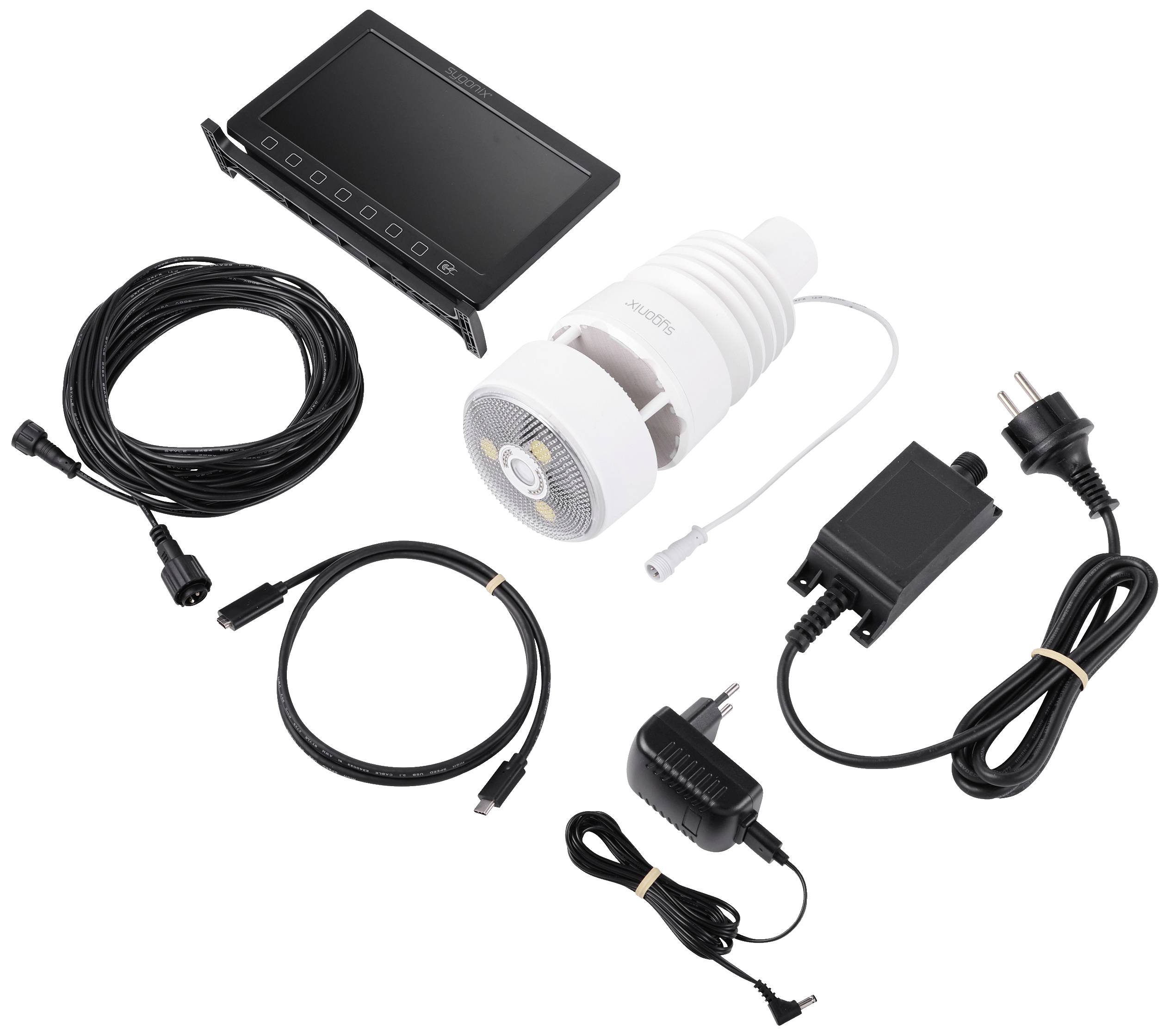 Een digitaal microscoopset met monitor, camera, kabels en voedingsadapter. Ideaal voor nauwkeurige vergroting en gedetailleerd onderzoek.