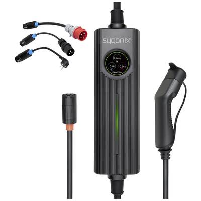 Een draagbare oplader van sygonix voor elektrische voertuigen met verschillende aansluitingen en een display voor laadweergave.
