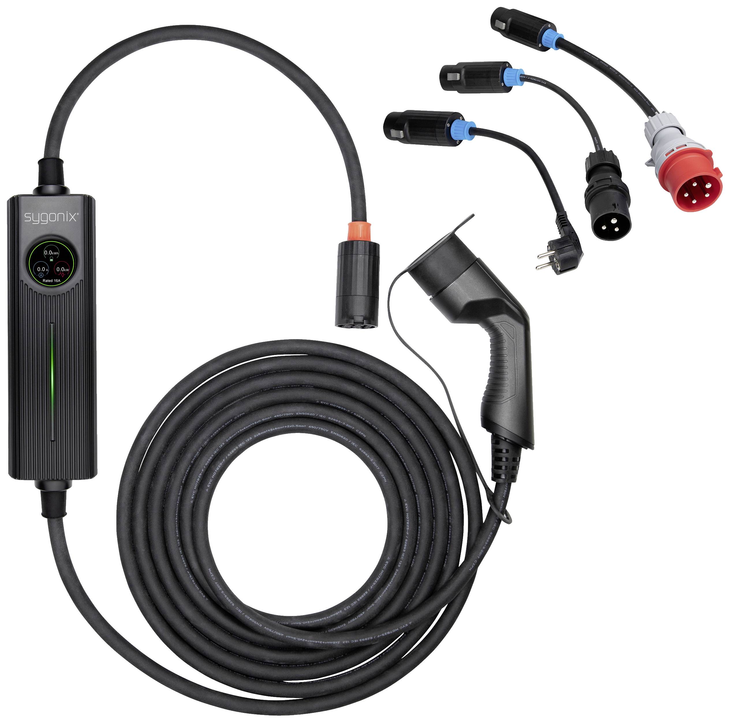 Een laadkabel voor elektrische voertuigen met verschillende stekkers voor verschillende aansluitingen, geschikt voor mobiel laden.