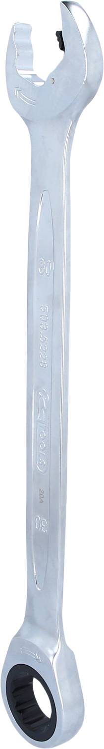 Een zilveren steeksleutel met een open kop bovenaan en een ring aan de onderkant, geschikt voor mechanische werkzaamheden.