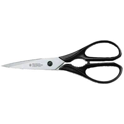 Schaar met zwarte handgrepen en zilveren messen, waarop 'Victorinox' staat. Geschikt voor gebruik in het huishouden.