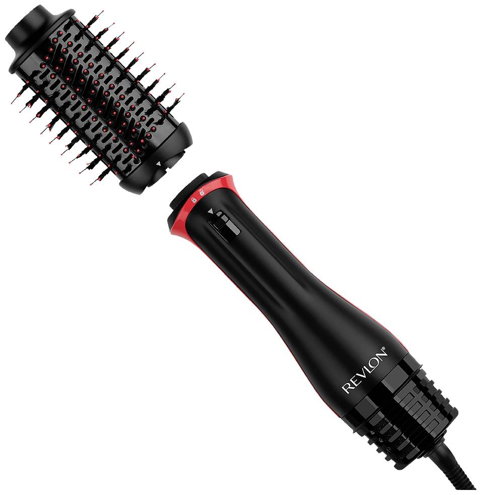 Een haarstyler met een rood-zwarte, cilindrische borstel en hittebestendige handgreep. Geschikt voor het drogen en volume geven aan het haar.