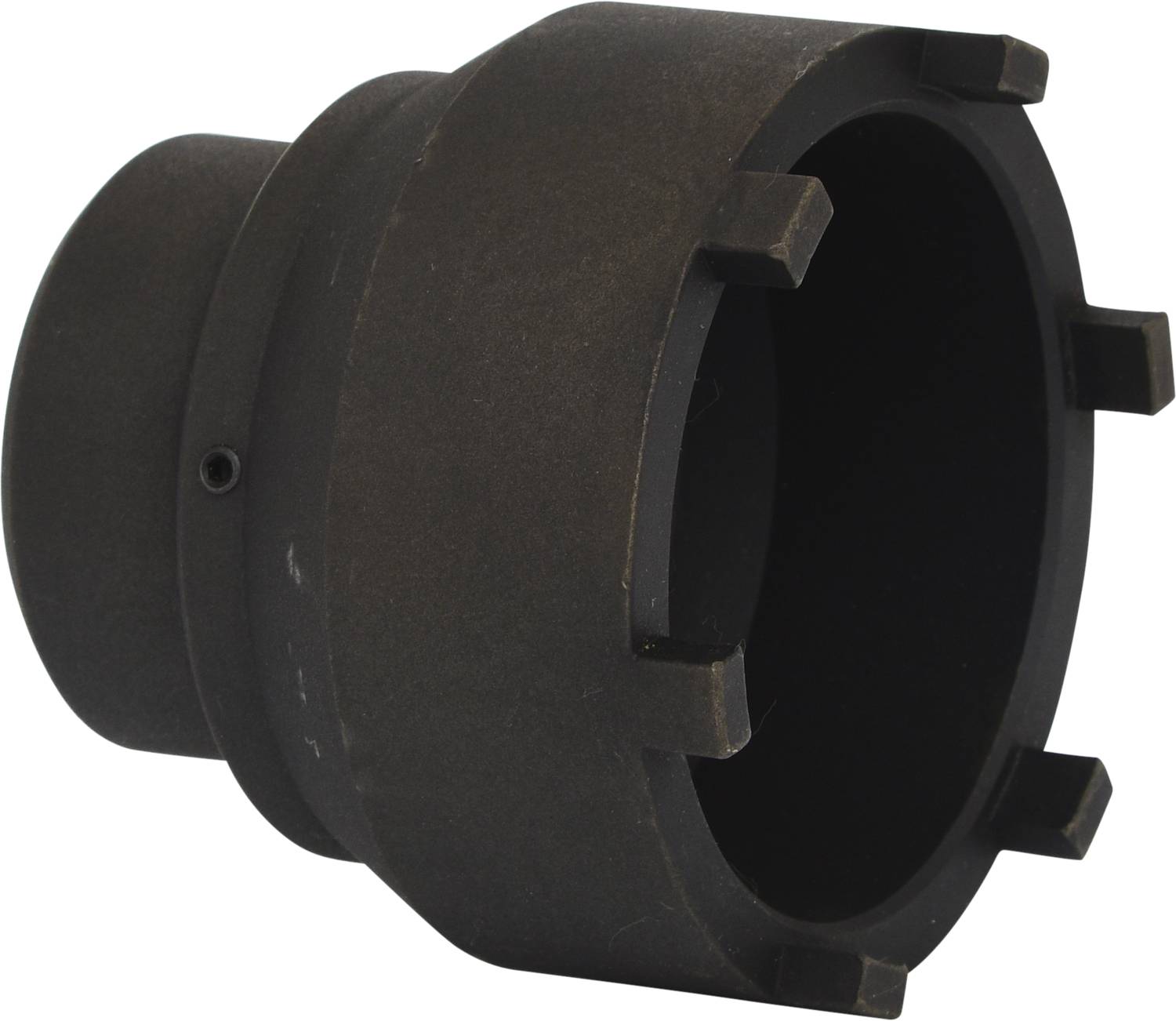 Zwarte metalen cilinder met rechte randen en vier uitstekende pinnen bovenaan.