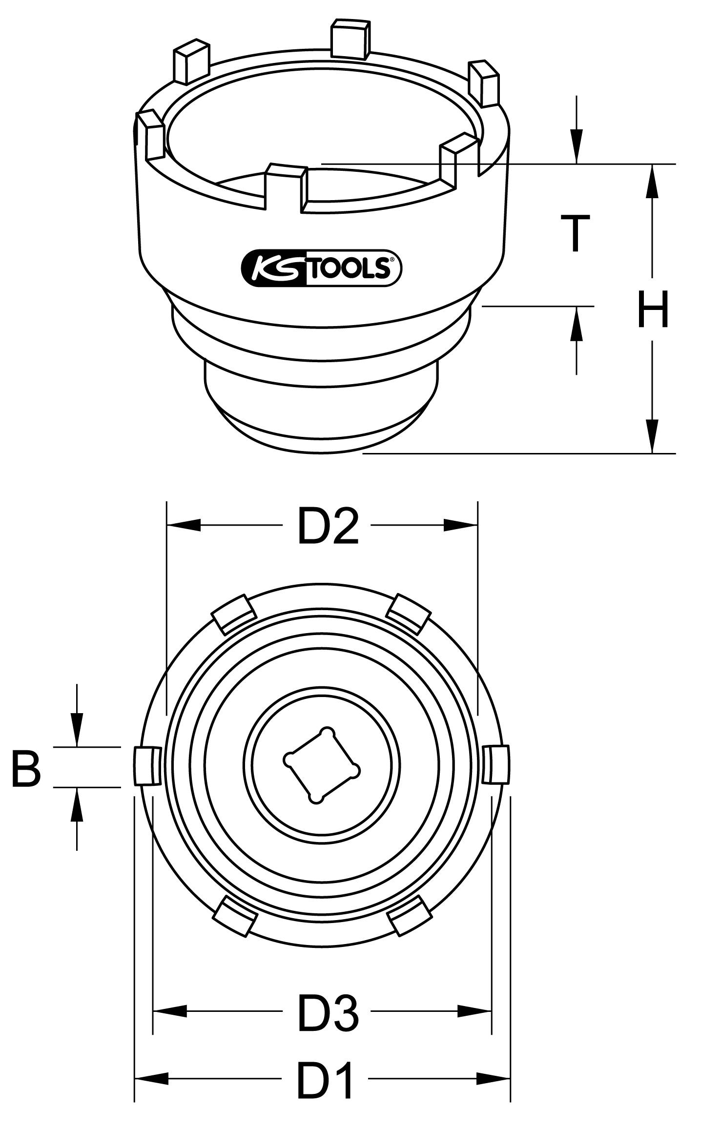 Technische tekening van een gereedschapssleutel van KS Tools. Bovenaanzicht met zijaanzicht met afmetingen T en H, onderaanzicht met diameters D1, D2, D3.
