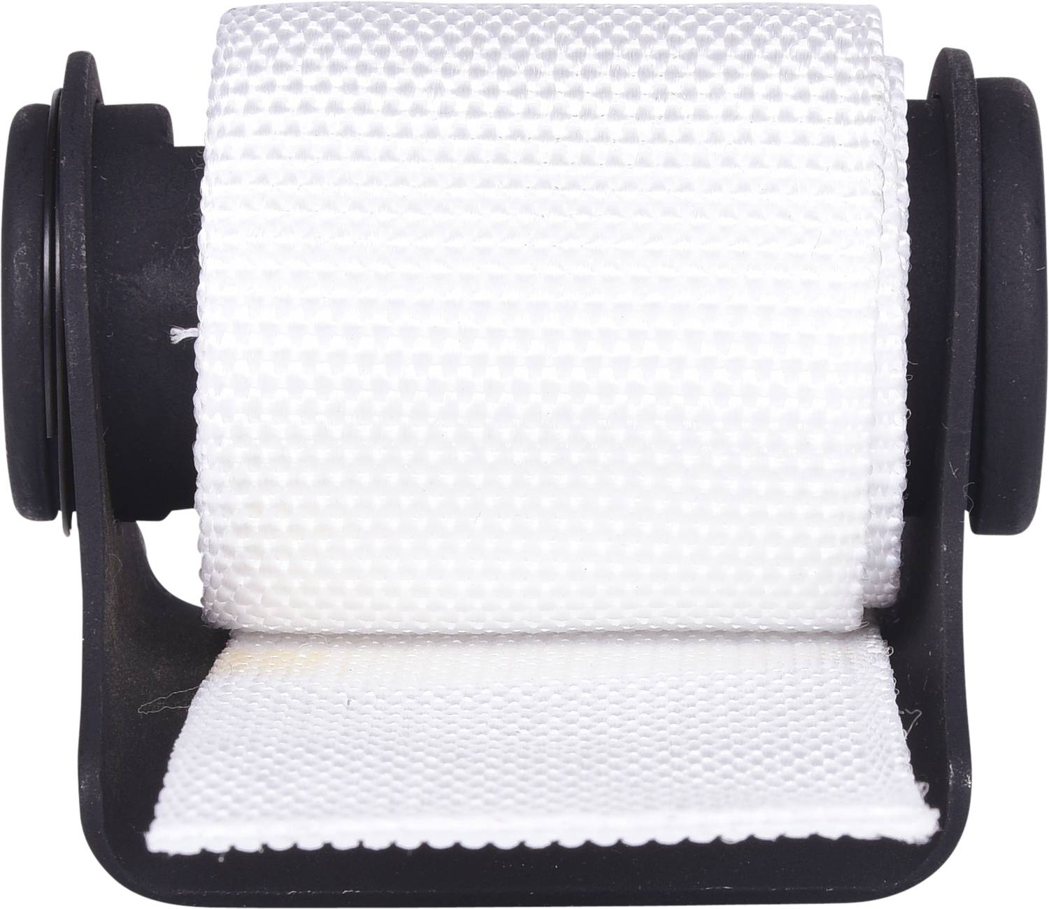 Rol wit toiletpapier op zwarte houder, vooraanzicht.