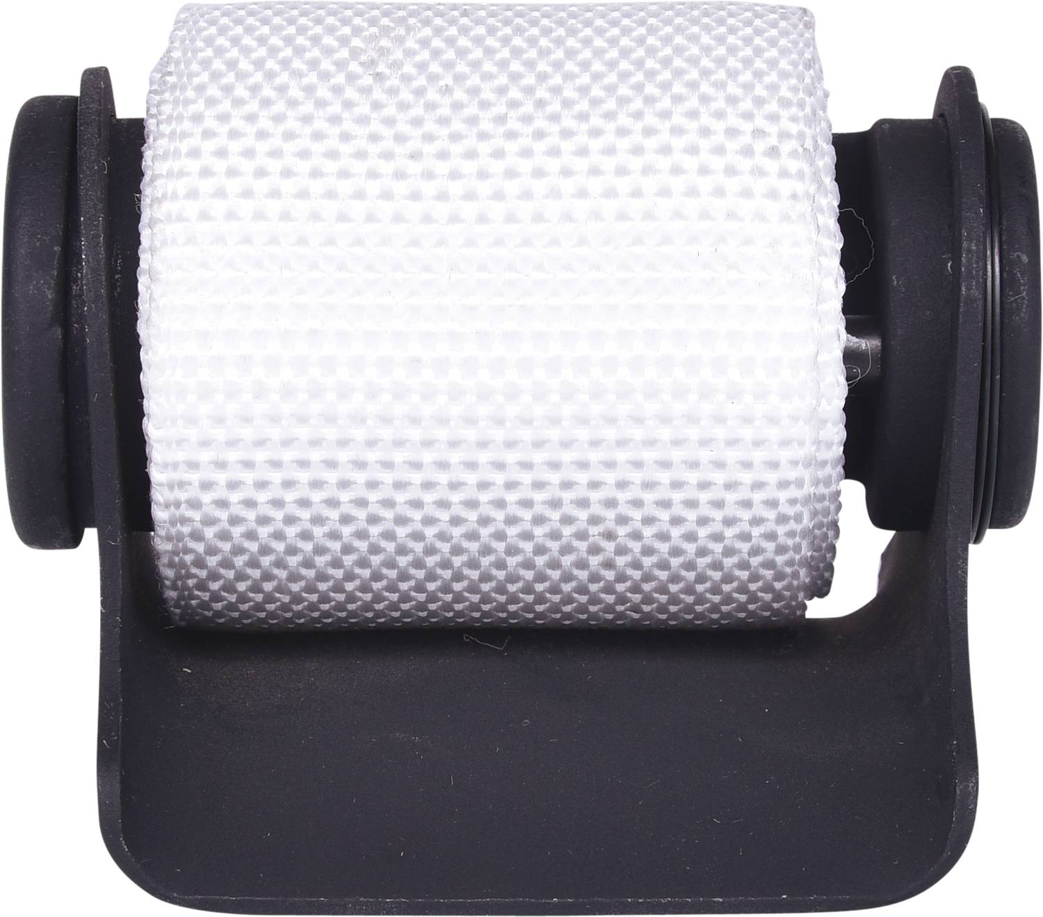 Witte textielbandrol op een zwarte kunststofhouder.