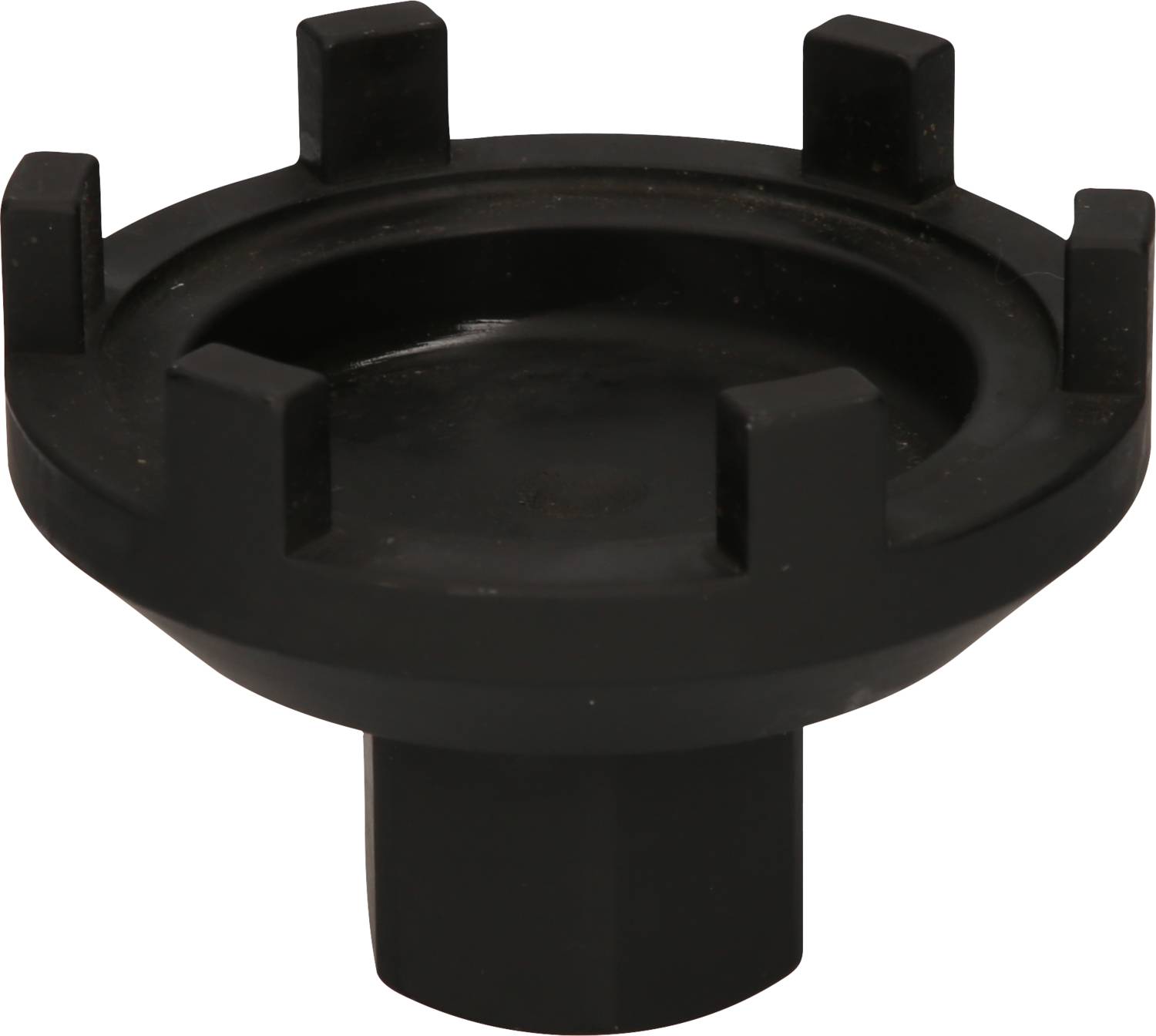Zwart gereedschap van metaal met een ronde basis en zes rechthoekige tanden, vermoedelijk een speciale sleutel of adapter.