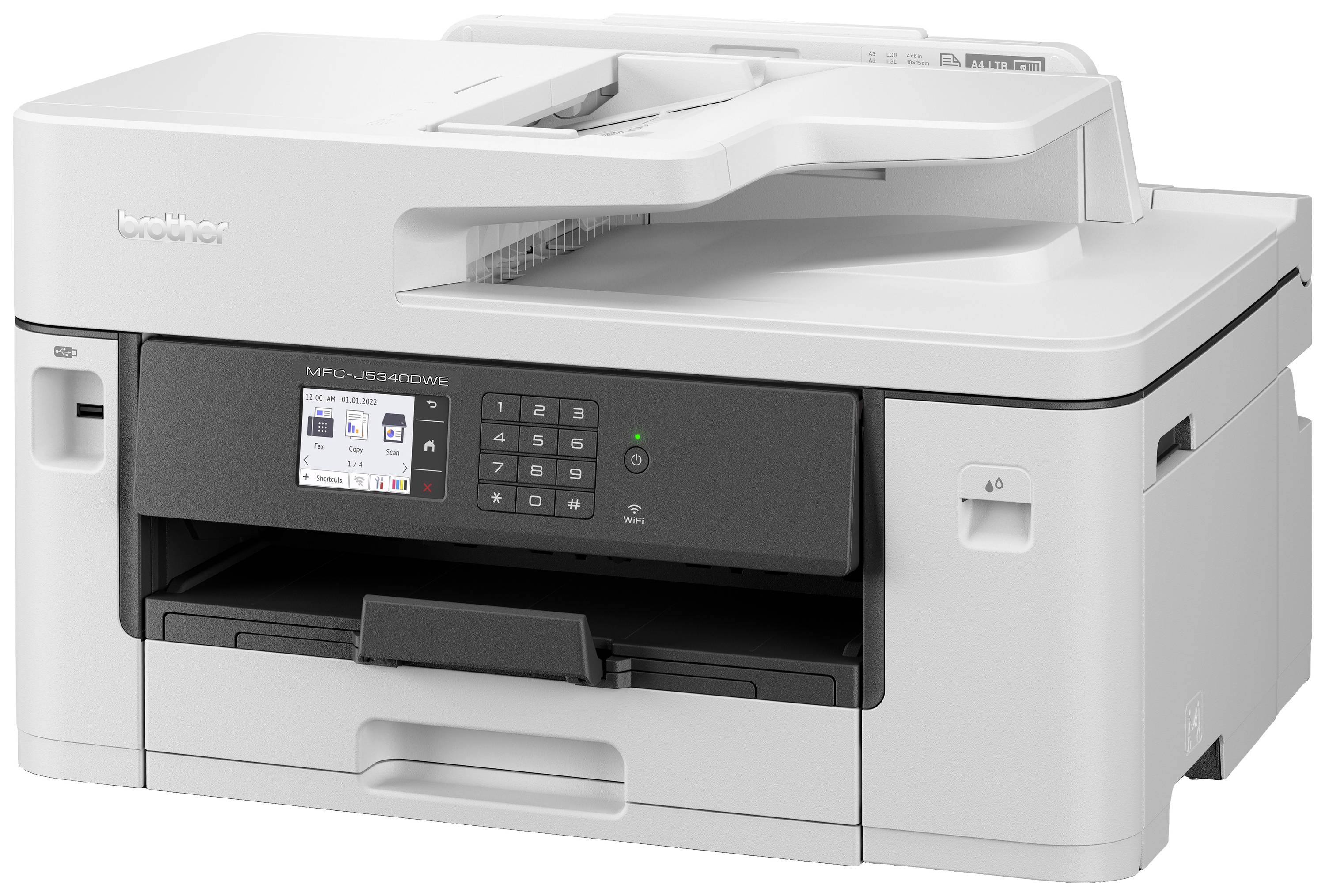 Een witte multifunctionele printer met toetsenblok en display, geschikt voor printen, scannen, kopiëren en faxen.
