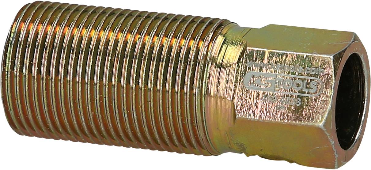 Metalen adapter met linkse buitendraad en zeskant buitenzijde rechts, waarschijnlijk geschikt voor industriële buisverbindingen.