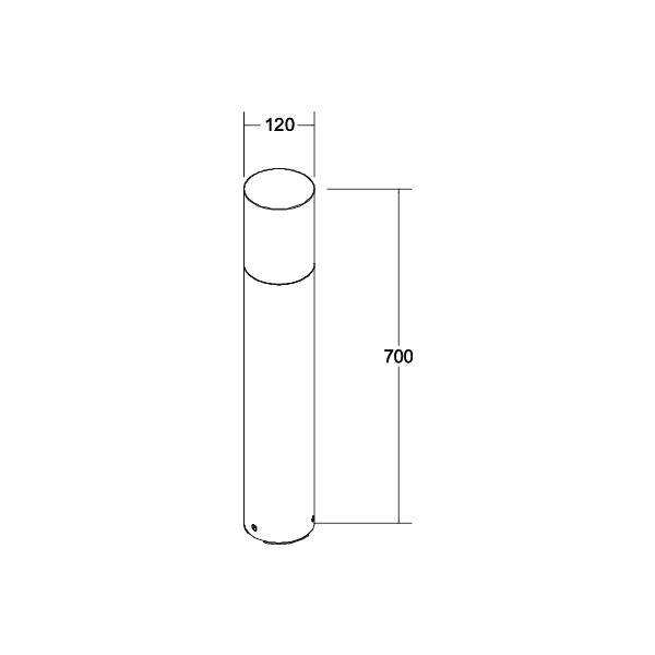 Technische tekening van een cilindrisch object. Afmetingen gegeven: diameter 120 mm, hoogte 700 mm.
