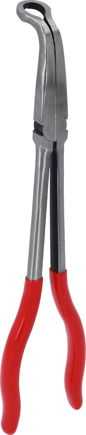 Een metalen tang met een rode, gerubberde handgreep, geschikt voor het grijpen of vasthouden van kleine voorwerpen in werkplaatsen of huishoudens.