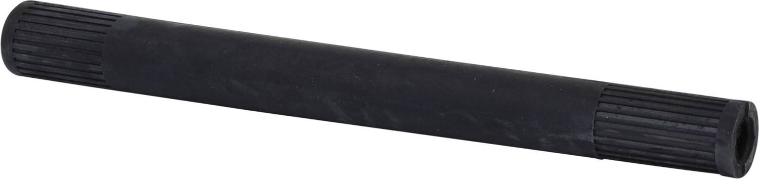 Een zwart, cilindrisch voorwerp met gegroefde uiteinden, liggend onder een hoek. Zou een handgreep of onderdeel van een gereedschap kunnen zijn.