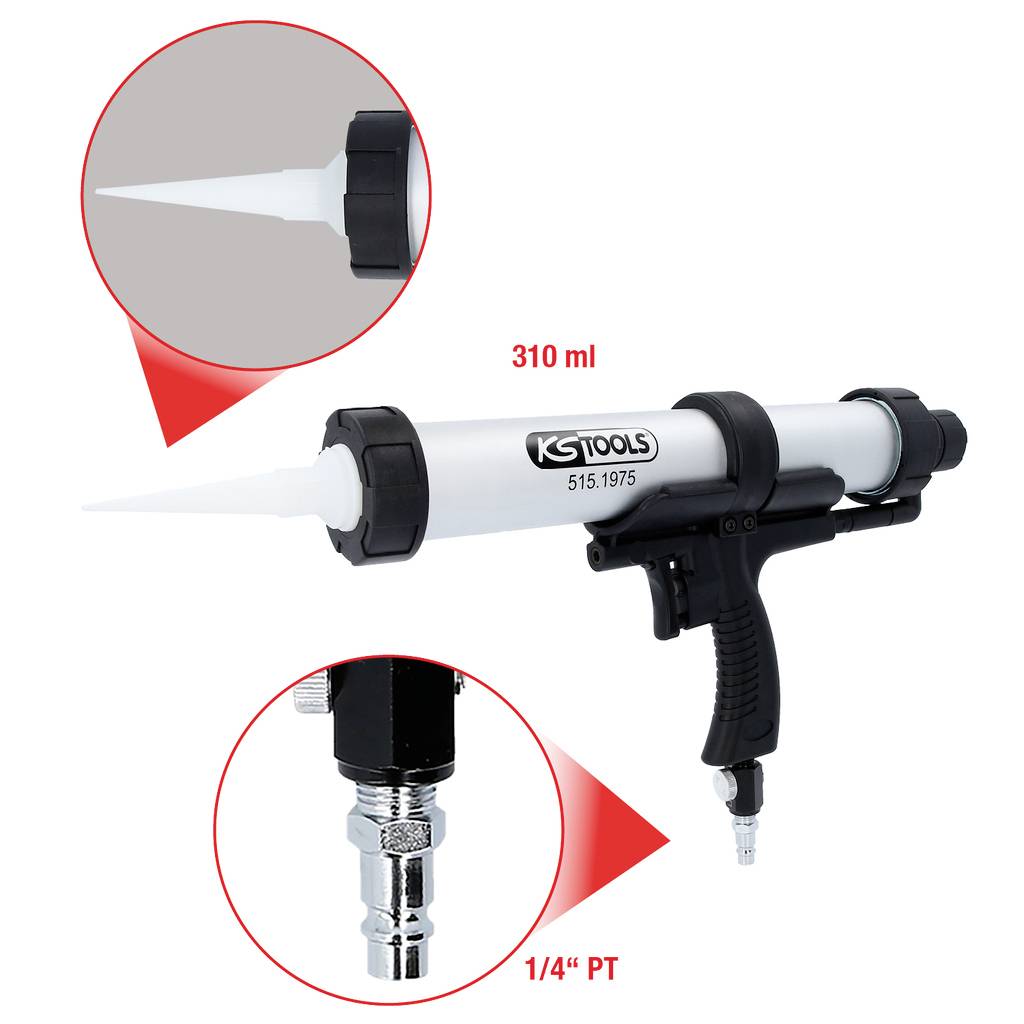 Een kitpistool van het merk 'KS Tools', met een capaciteit van 310 ml. Rode cirkels markeren een mondstuk en een 1/4'' PT-aansluiting.