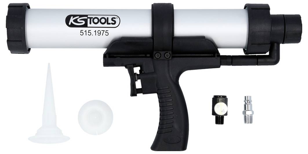 Kitpistool-set met een zwart en zilver afwerking, voorzien van een trekkerhandgreep en een afneembare mondstuk en toebehoren, gemerkt als 'KS Tools 515.1975'.