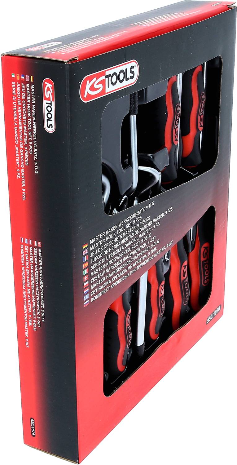 Een verpakking voor een schroevendreier-set van het merk KS Tools. De doos toont meerdere schroevendraaiers met rode handgrepen.