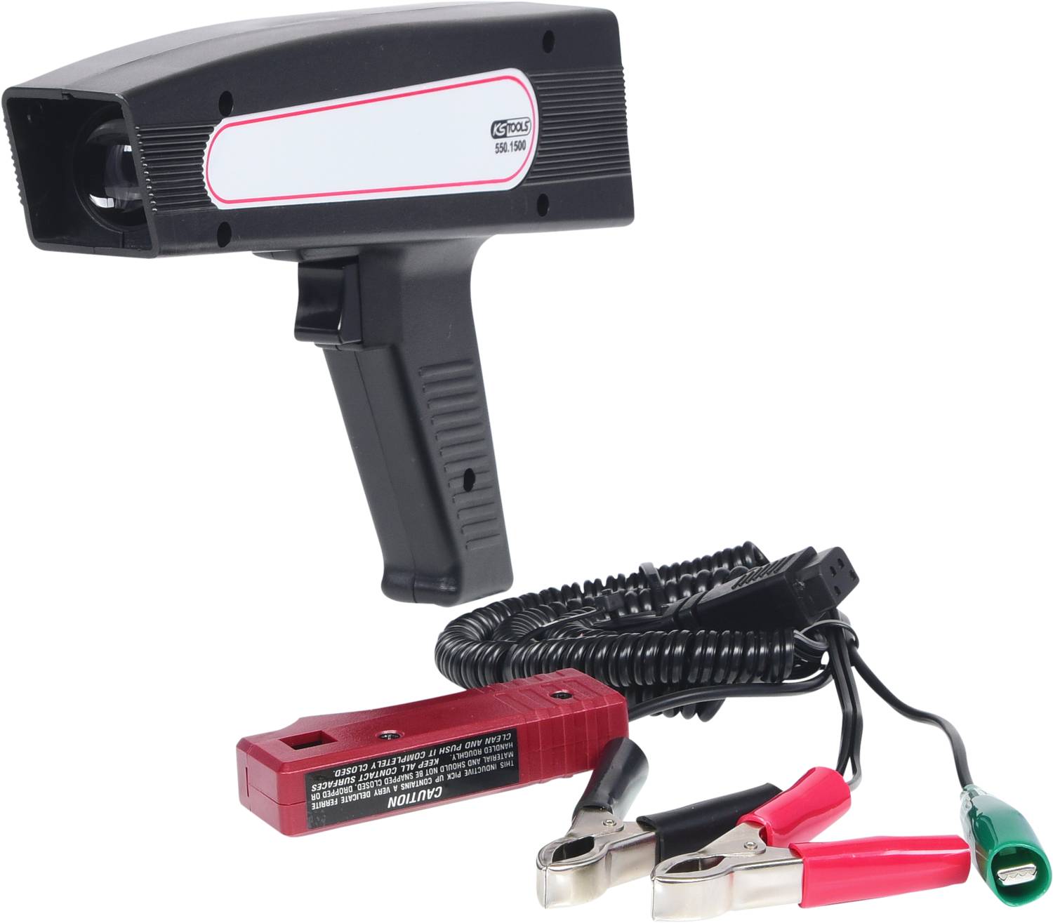 Een stroboscooplichtapparaat met netOnafhankelijke stroomvoorziening en rood-zwarte kabels. Wordt gebruikt voor nauwkeurige metingen.