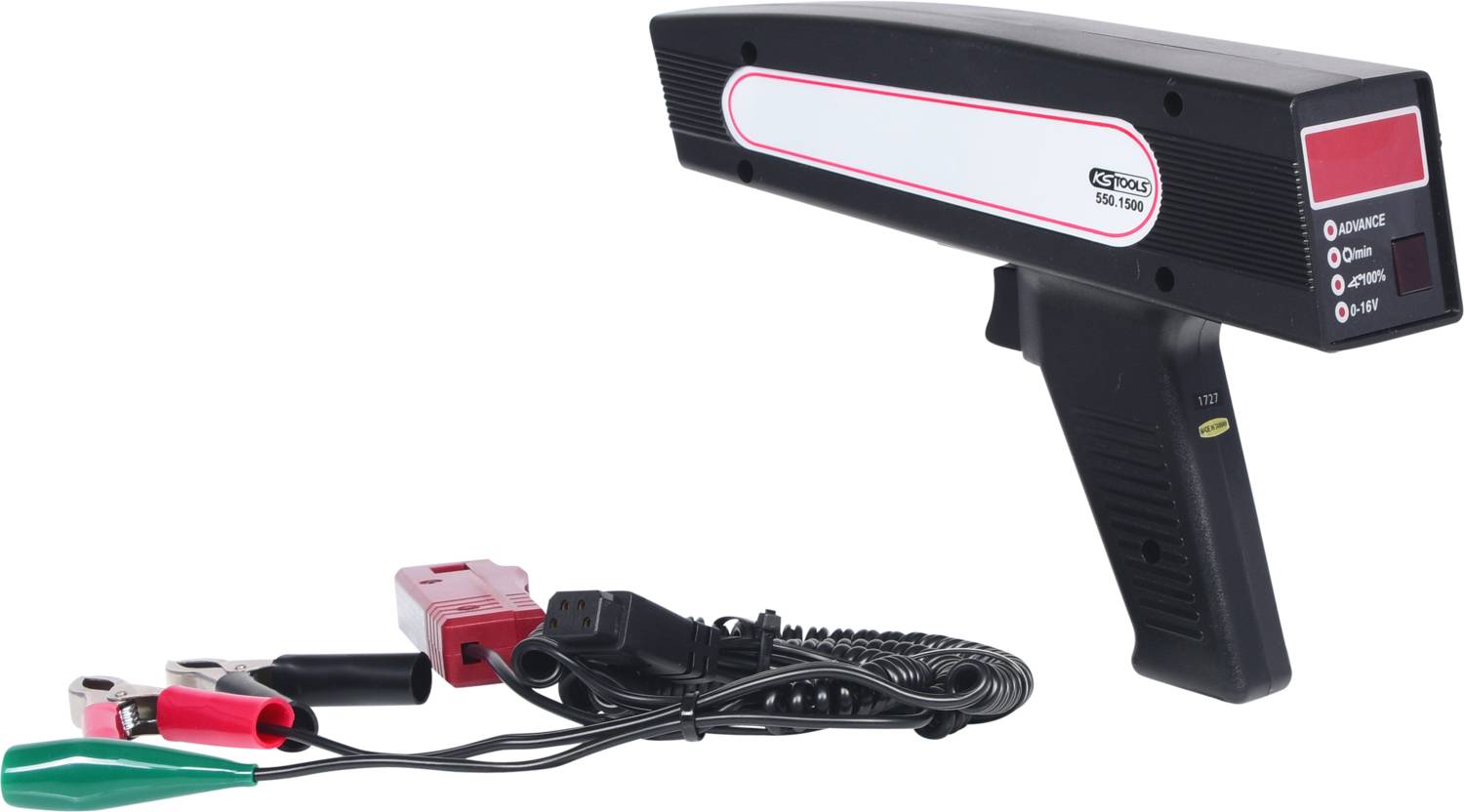 Een zwart, pistoolvorming stroboscooplichtapparaat met een instelbare trigger. Ernaast liggen kabels met klemmen en een voedingsadapter.