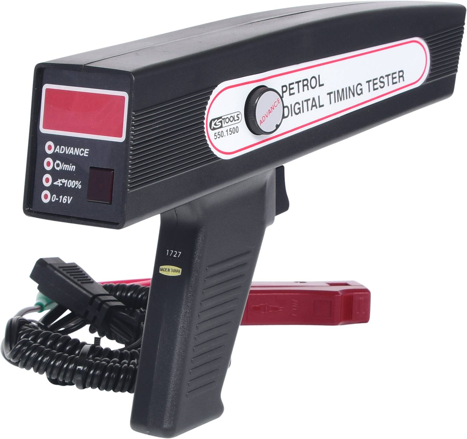 Een zwart, handmatig apparaat met het opschrift 'Petrol Digital Timing Tester', dat wordt gebruikt voor het controleren van het ontstekingstijdstip.