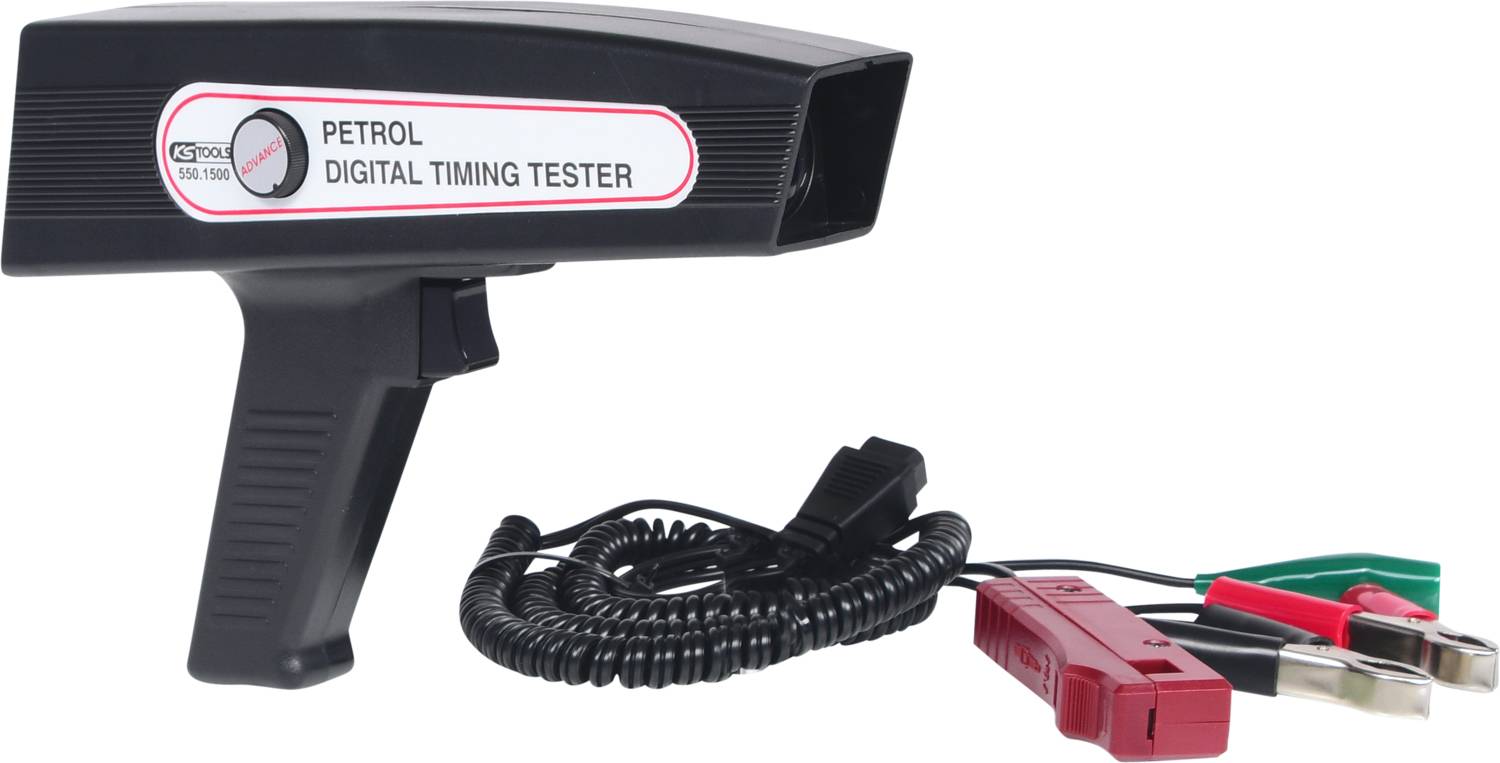 Digitale ontstekingstijdstip-tester met krokodillenklemmen en spiraalvormige kabel aan de rechterkant. Wordt gebruikt voor het controleren van het motorstippen.